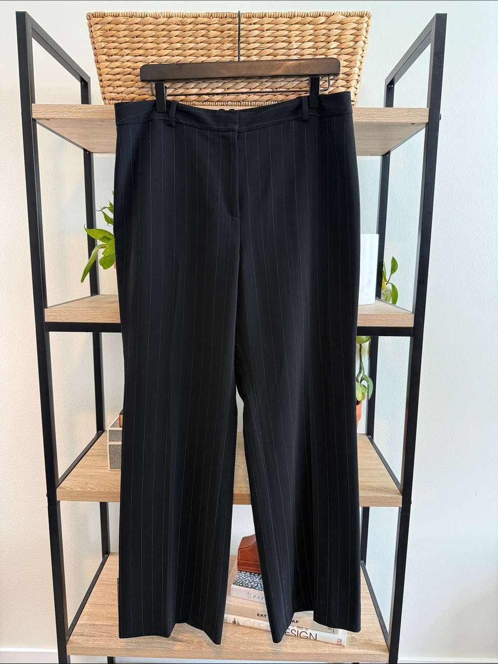 Ann Taylor High-Rise Stripe Black Wide Leg Woven Career Dress Pant Trouser, 14P